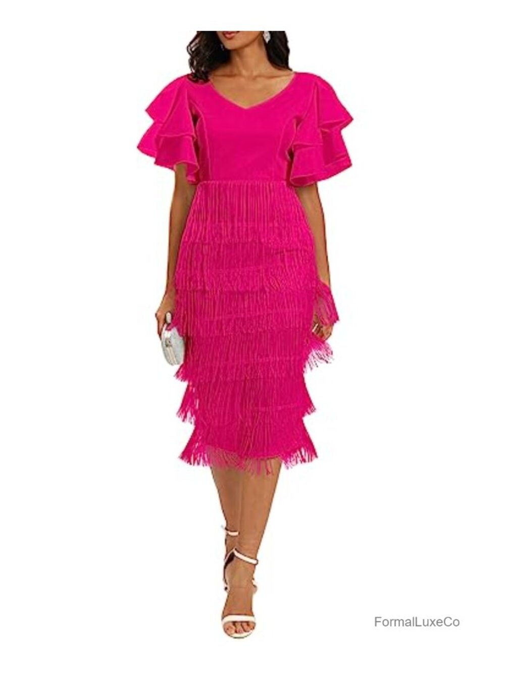 Fringe Maxi Dress High Waist V Neck Tiered Tassels Ruffle Sleeve Bodycon Prom